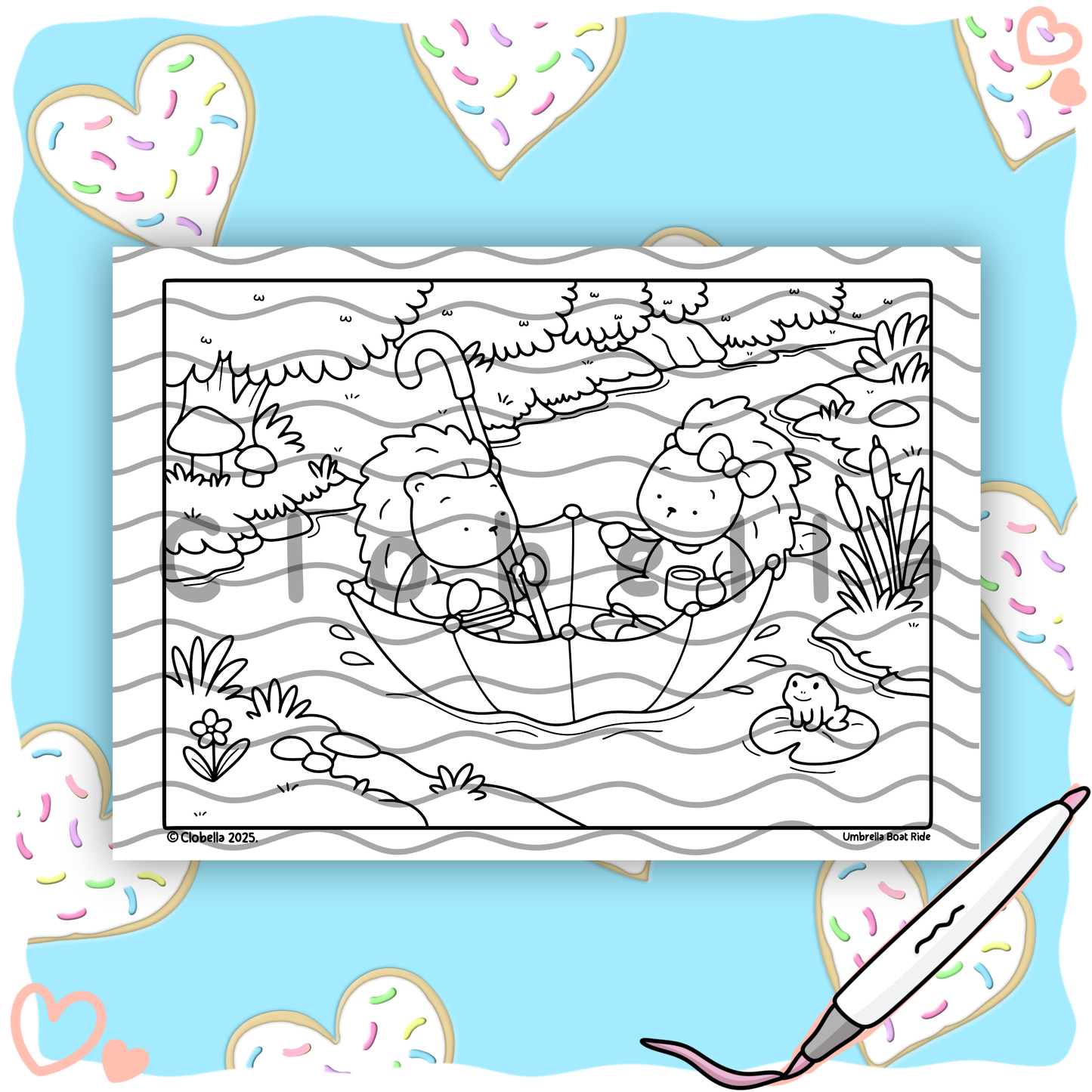 Digital Download - Hedgie & Honey Umbrella Boat Colouring Page