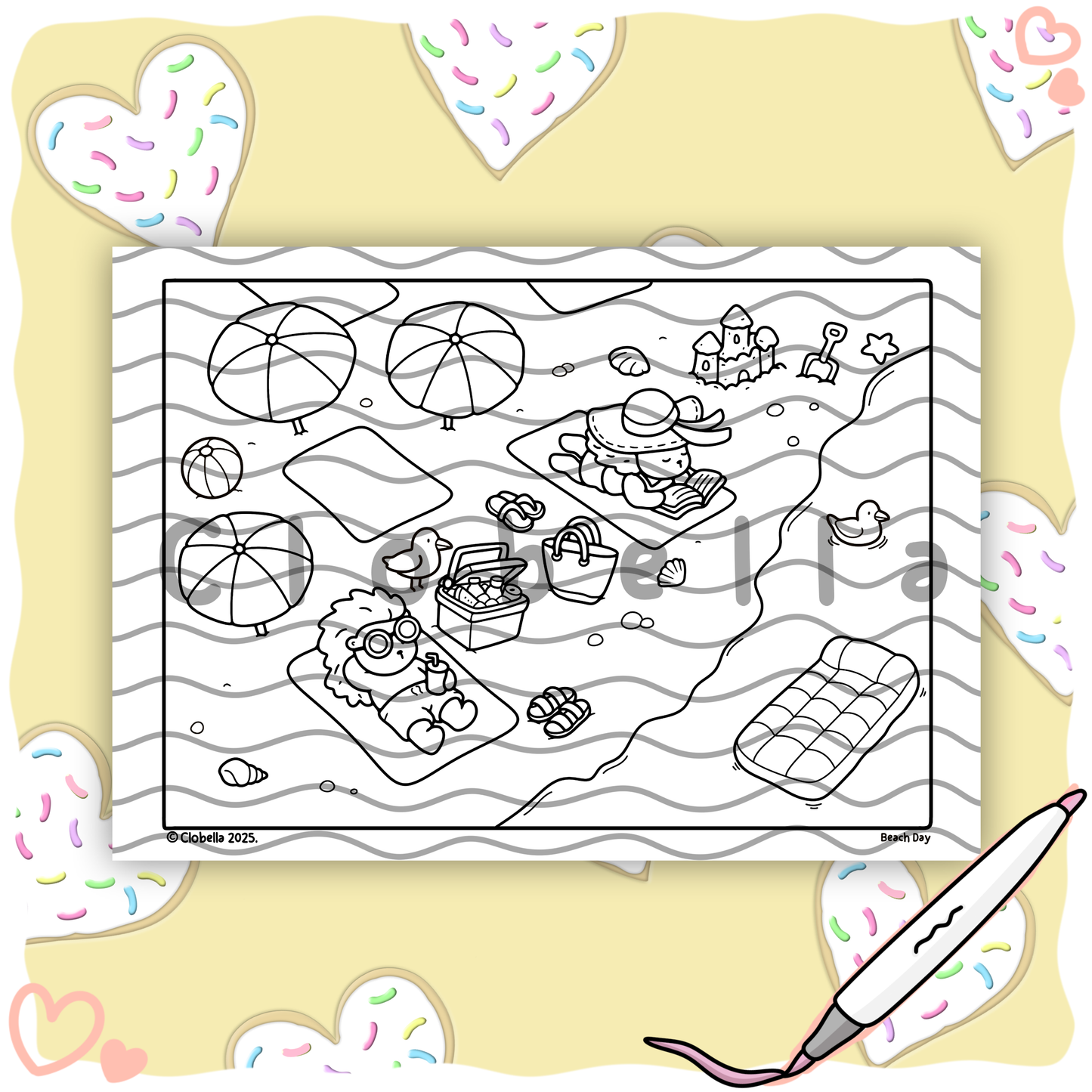 Digital Download - Hedgie & Honey Beach Day Colouring page