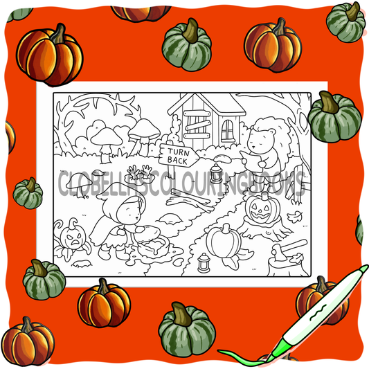 Digital Download - Spooky Halloween Forest Hedgie & Honey Colouring Page