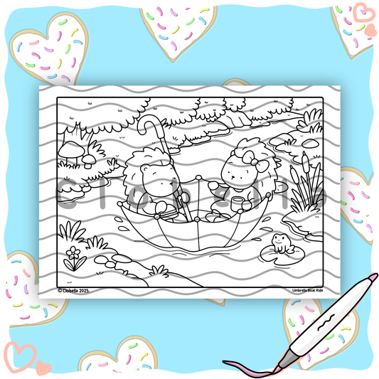 Digital Download - Hedgie & Honey Umbrella Boat Colouring Page